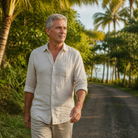 A man in his fifties walking early in the morning