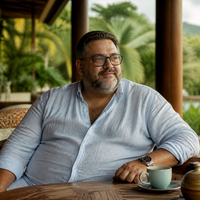 A man in his forties at home, thinking