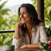 A woman in her late forties, relaxed and smiling