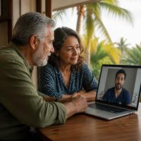 A couple at home speaking with a clinic physician by video