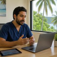 A physician on a video consultation in a sunlit clinic room