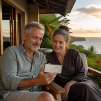 A couple on a terrace above the ocean, answering their monthly check-in on a phone